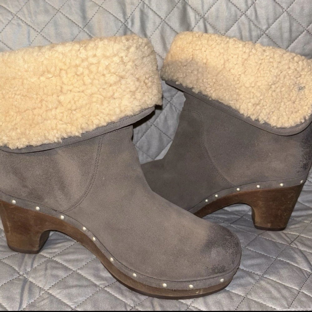 UGG Lynnea Wm 8US/39EU Gray Suede Shearling Ankle Boots Wooden Clog Soles - Picture 7 of 11
